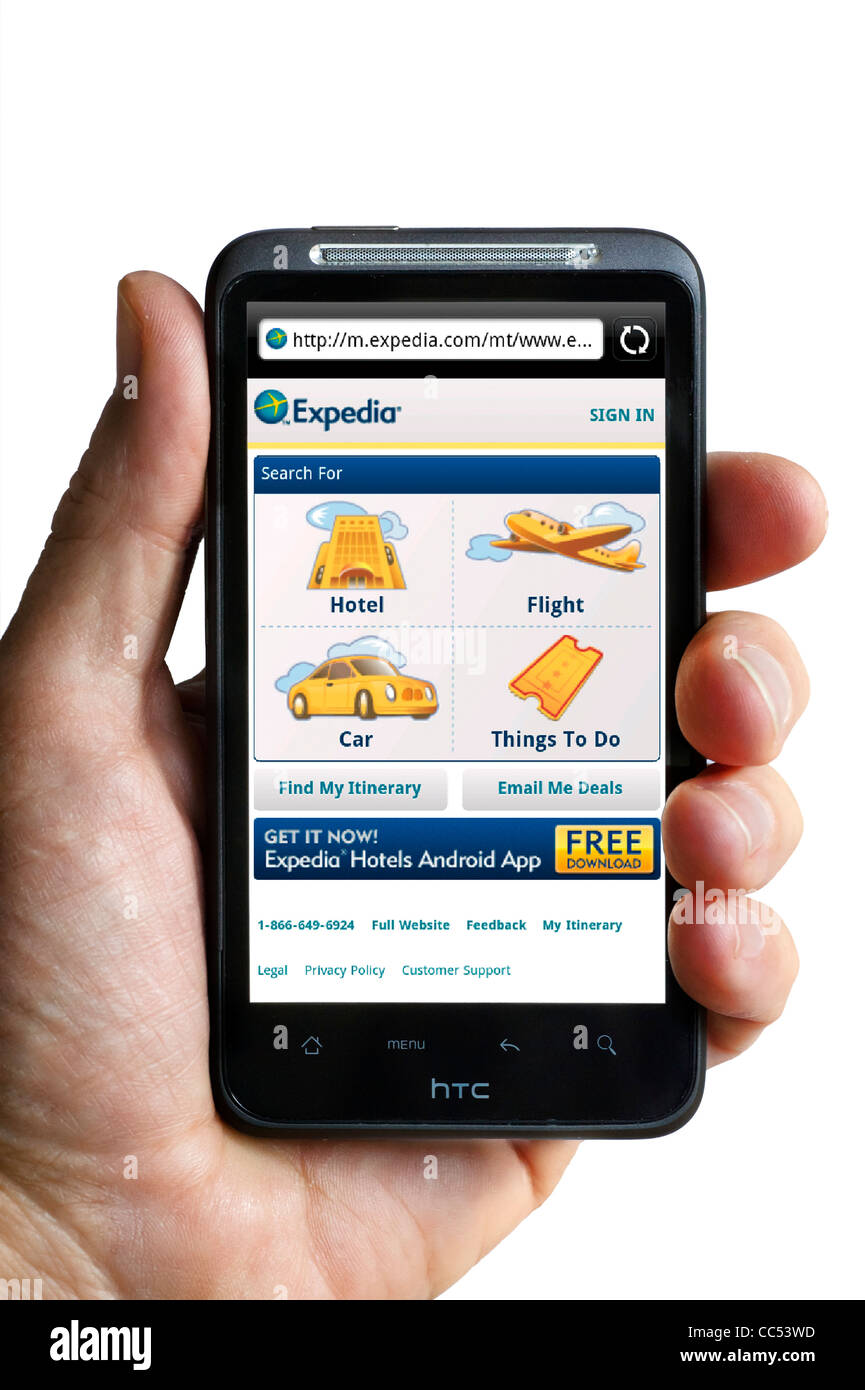 Browsing the Expedia travel website on an HTC smartphone Stock Photo
