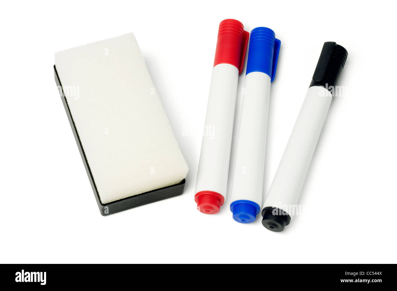 Color Whiteboard Marker Pens and Eraser on White Background Stock Photo