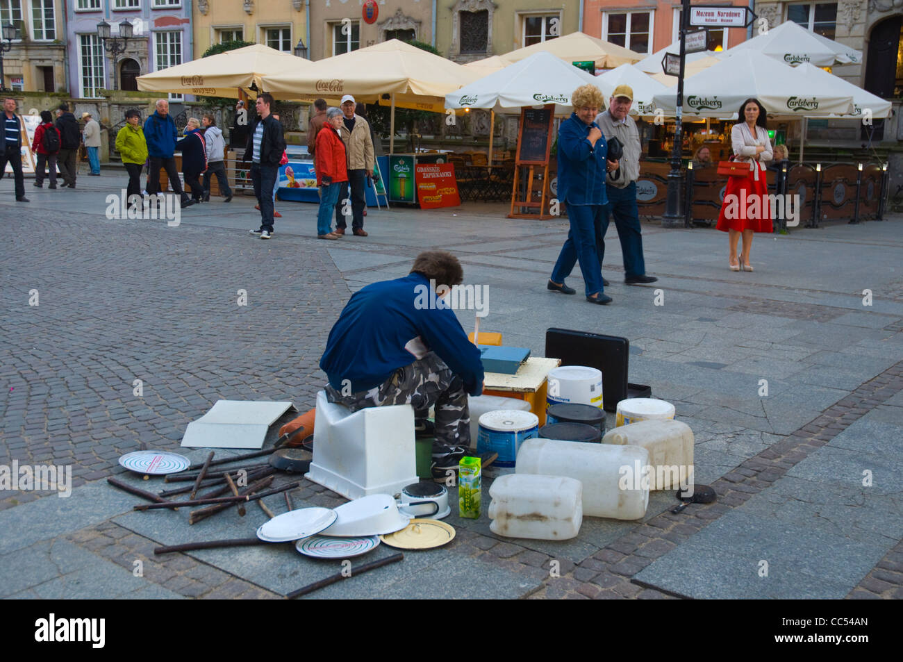 Busker using plastic containers as drums at Dlugi Targ square main town Gdansk Warsaw Poland Europe Stock Photo