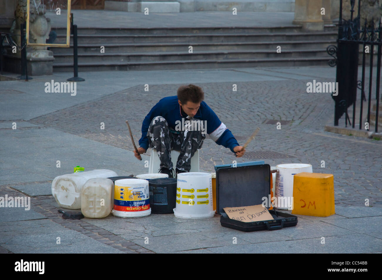 Busker using plastic containers as drums at Dlugi Targ square main town ...