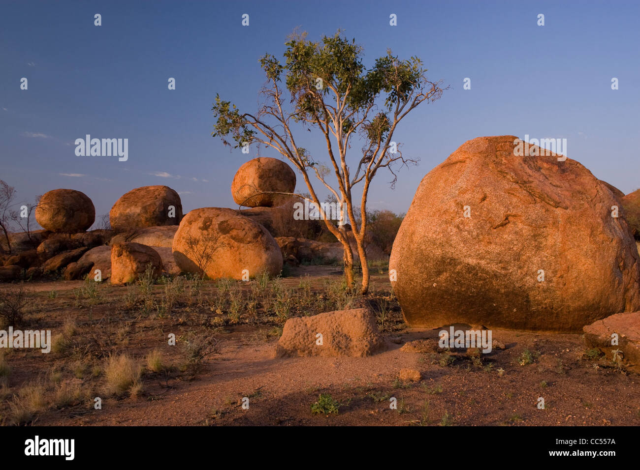 The Devil's Marbles at sunset in Australia's Northern Territory. Stock Photo