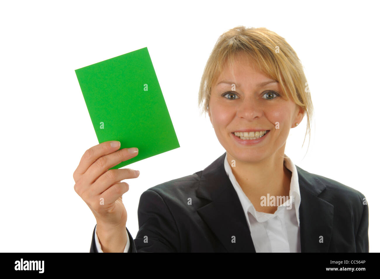 smiling business woman with positive green card Stock Photo