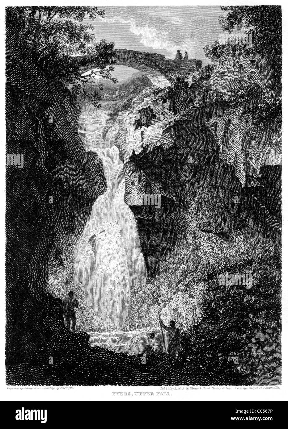 Fyers Fall Fyers, Upper Fall, an engraving from a book about Robert Burns ...