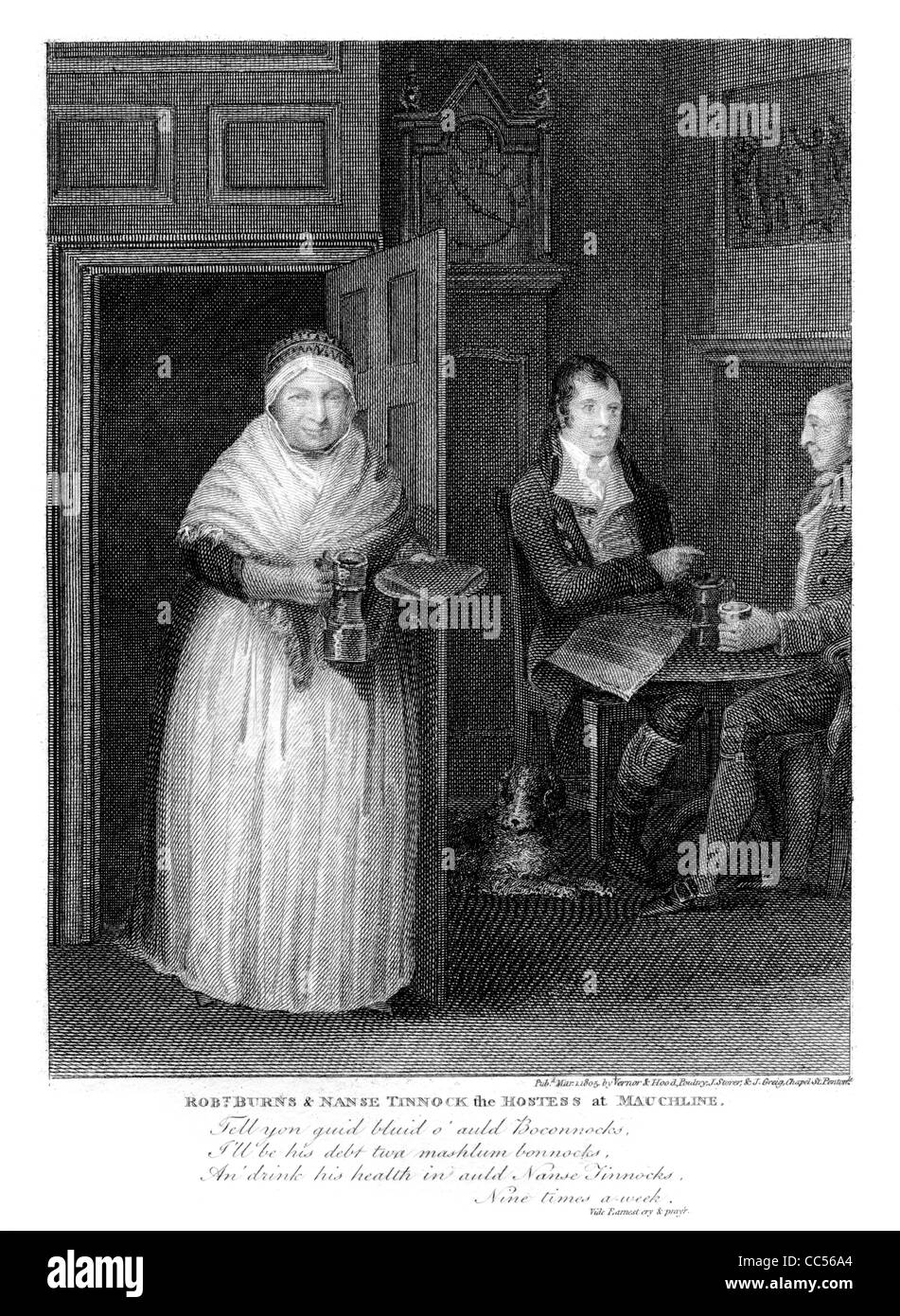 Robt. Burns & Nanse Tinnock the Hostess at Mauchline, an engraving from a book about Robert Burns published in 1805. Stock Photo