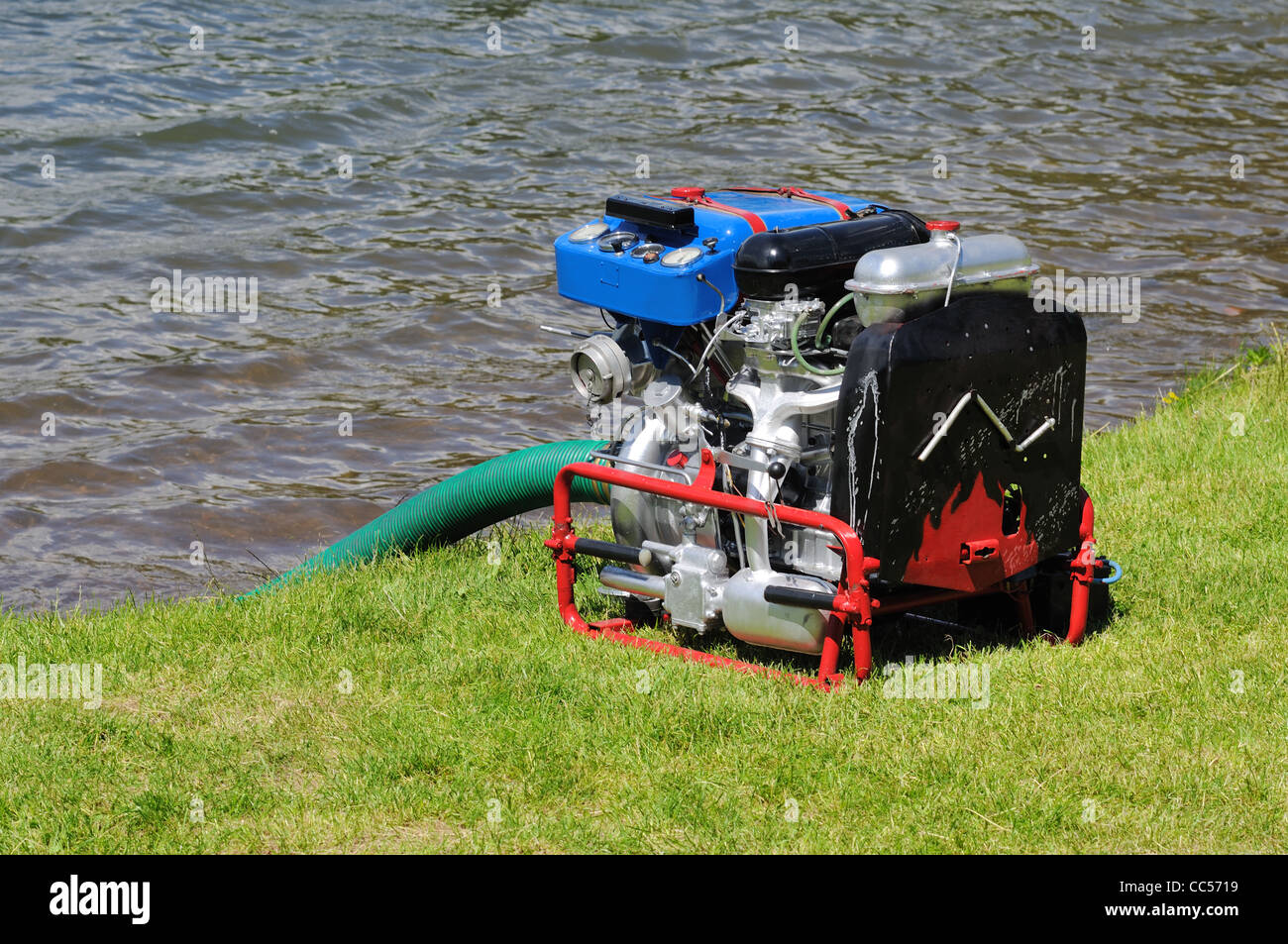 Mobile Fire pump water during exercise, operating on petrol Stock Photo