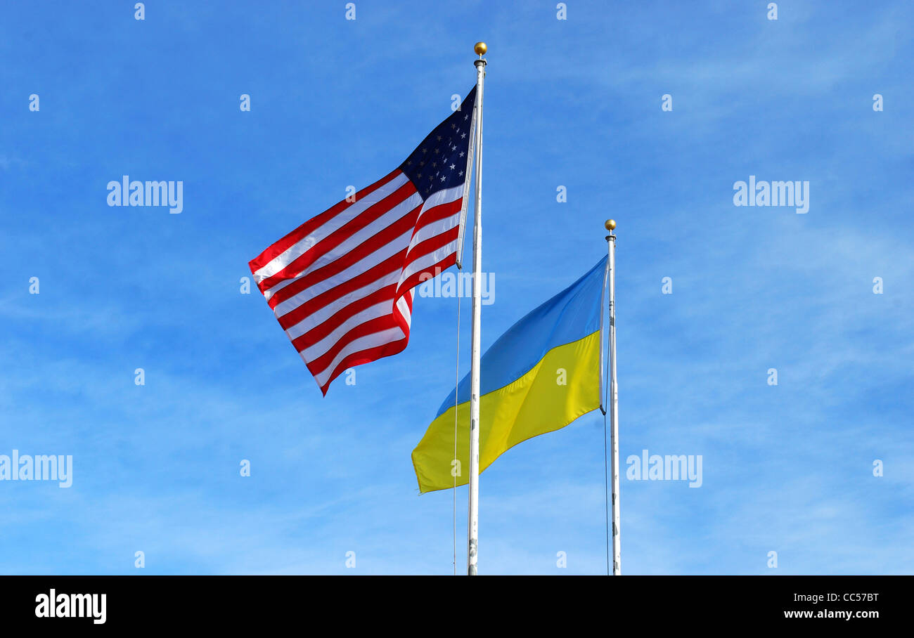 American and Ukrainian Flag on Poles Stock Photo Alamy