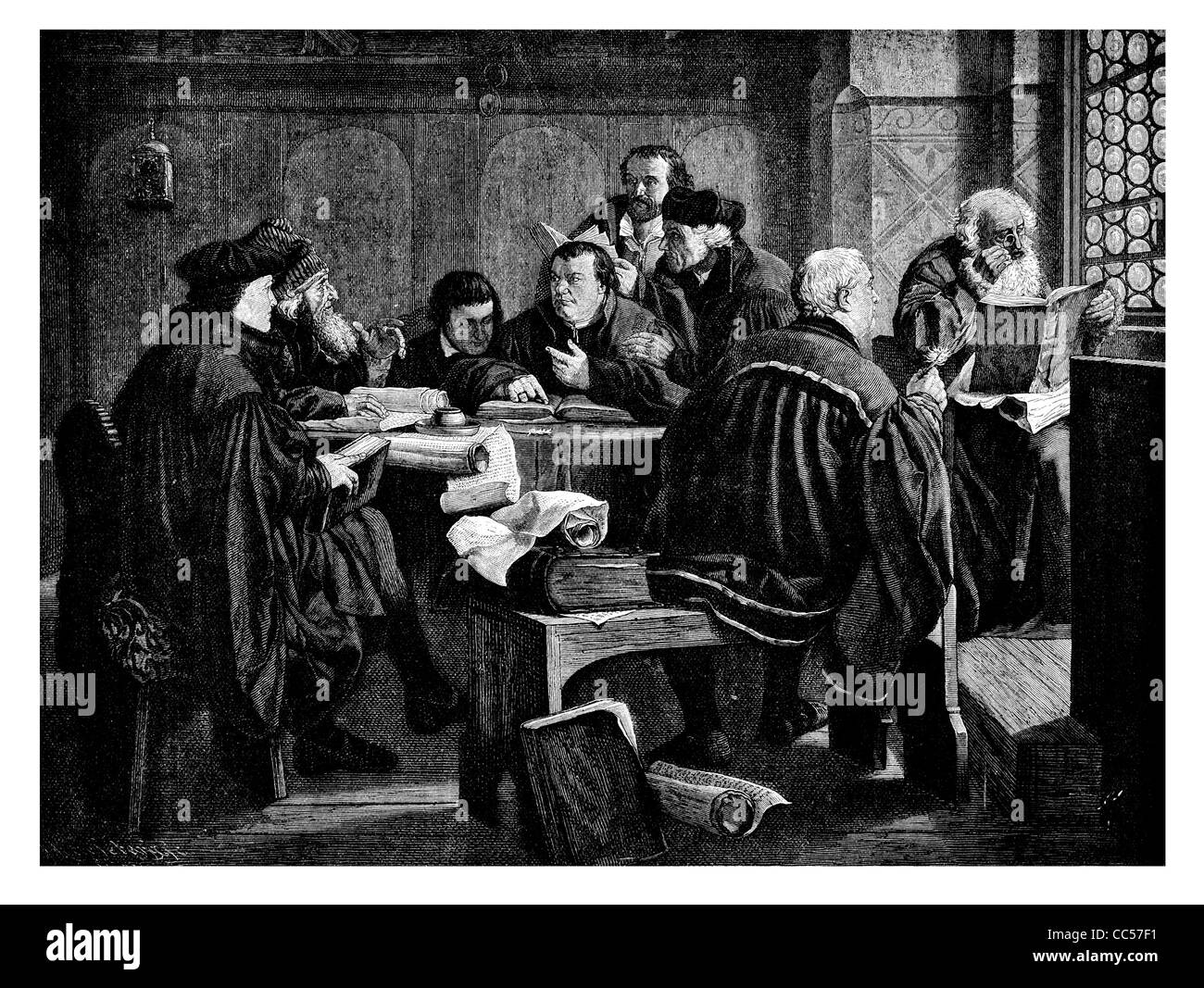 Martin Luther  and his companions translating  Holy Bible from Latin to German together with friends in Wartburg castle Stock Photo