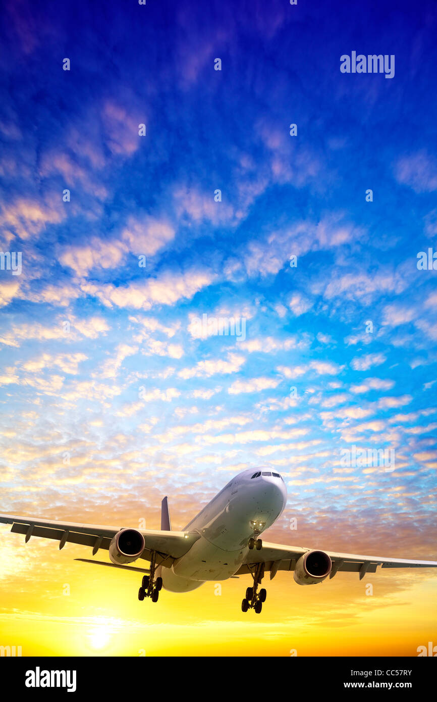 Jet in a sky at sunset time. Vertical shot. Stock Photo