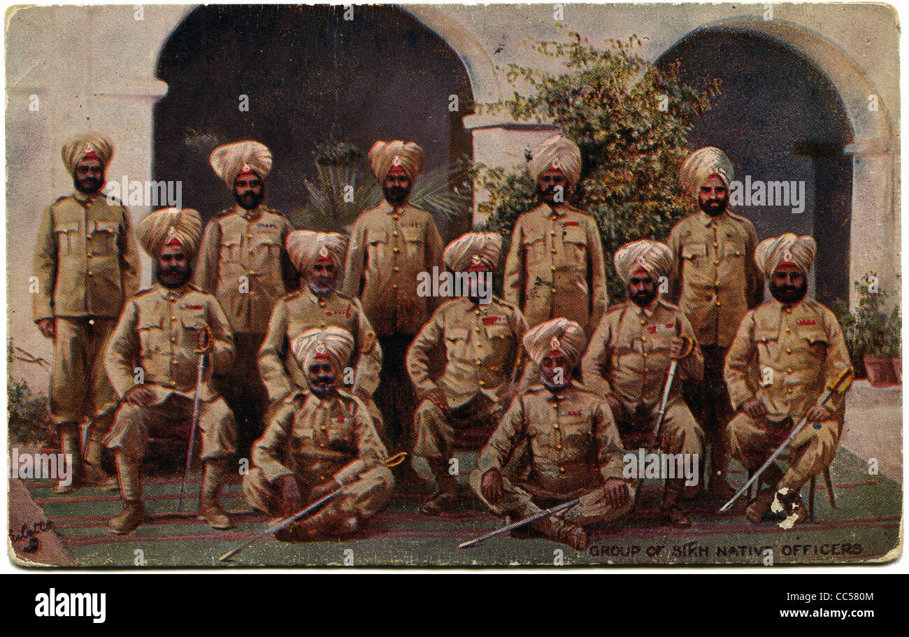 UK- CIRCA 1917: Reproduction of antique postcard shows group of Sikh native officers, UK, 1917 Stock Photo