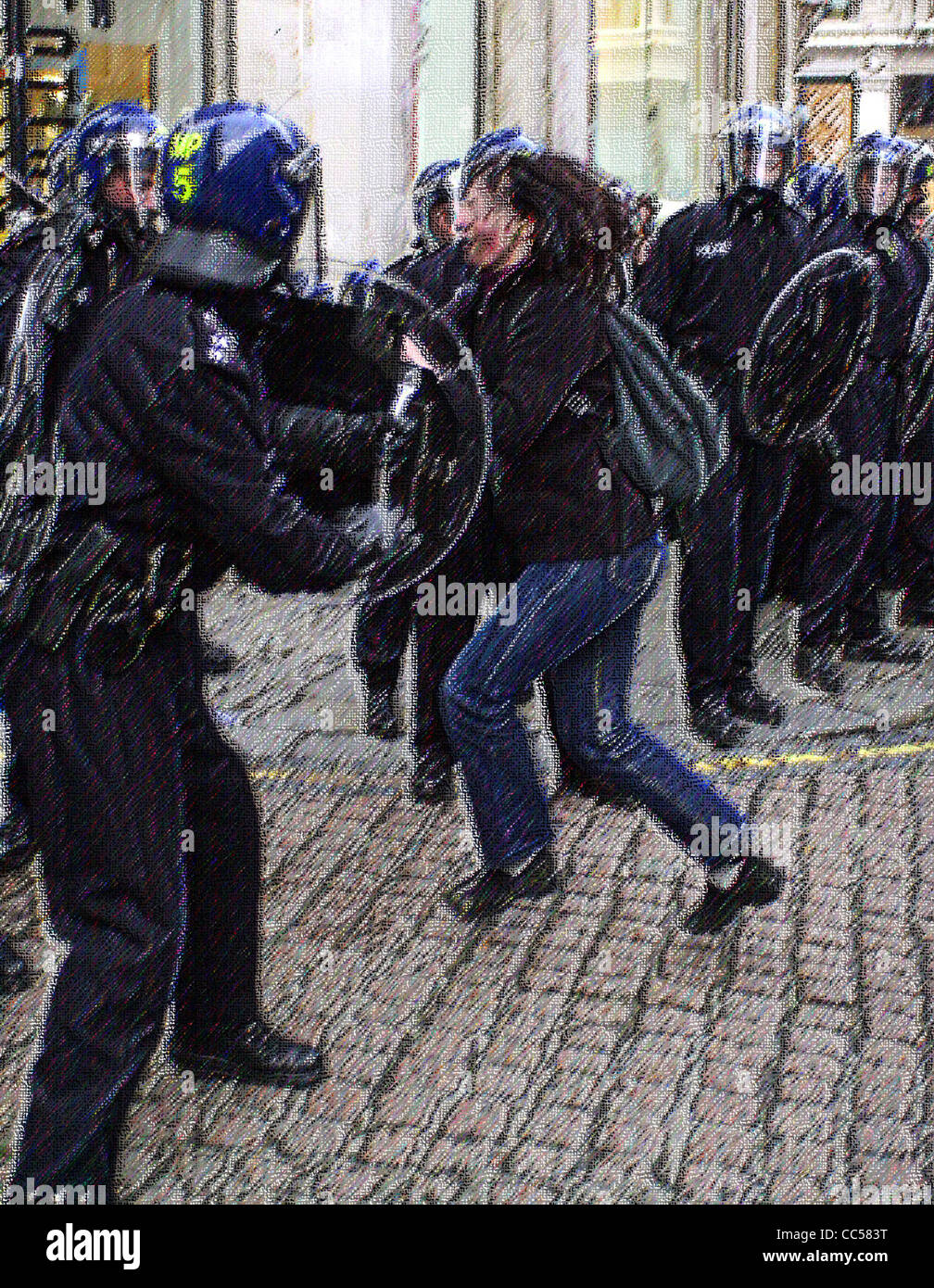 Generic illustrations of British Riot Police in action images treated to avoid identification MR not required Stock Photo
