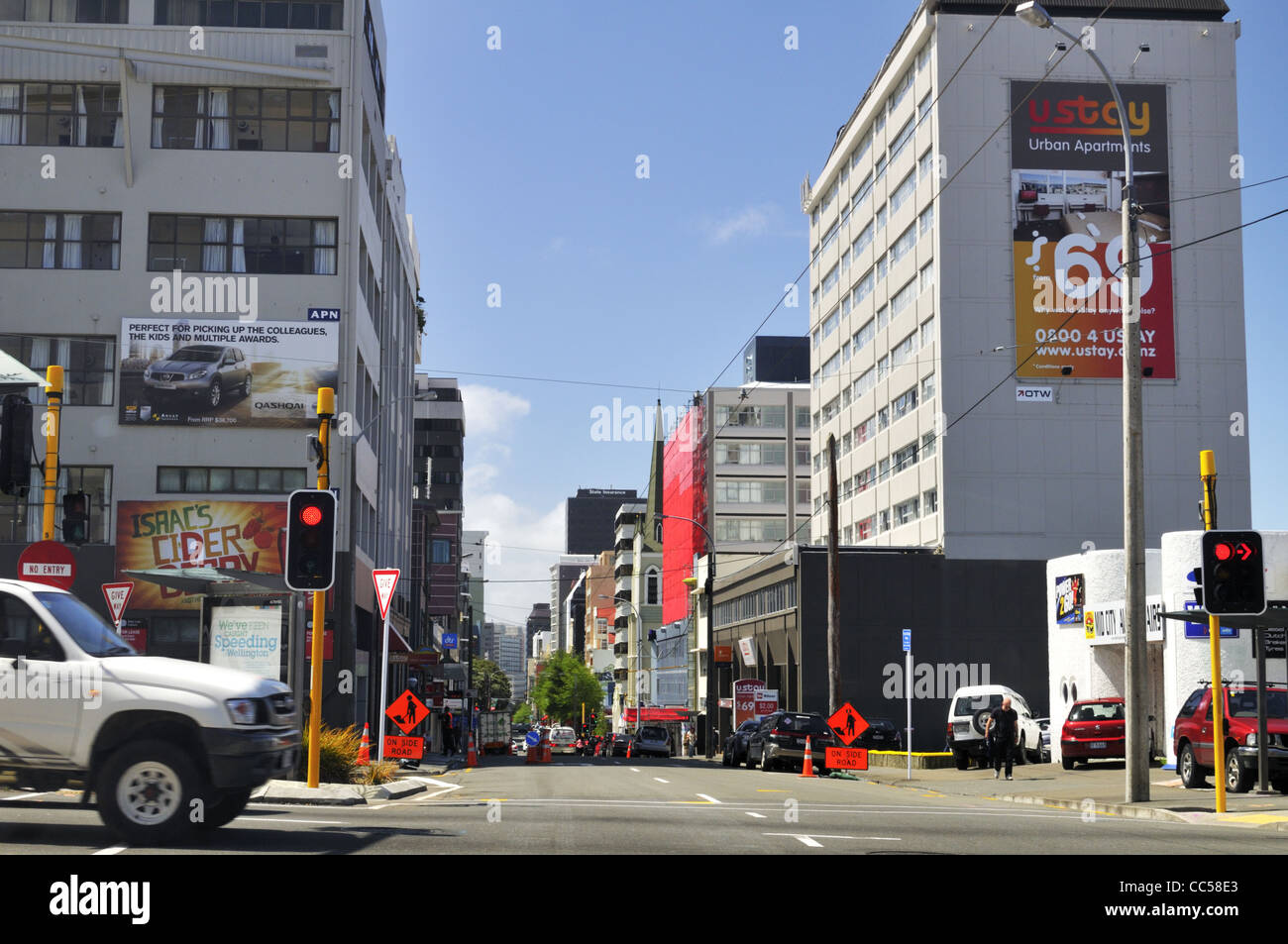 Roadwork on Willis St, Wellington central city, New Zealand. Stock Photo