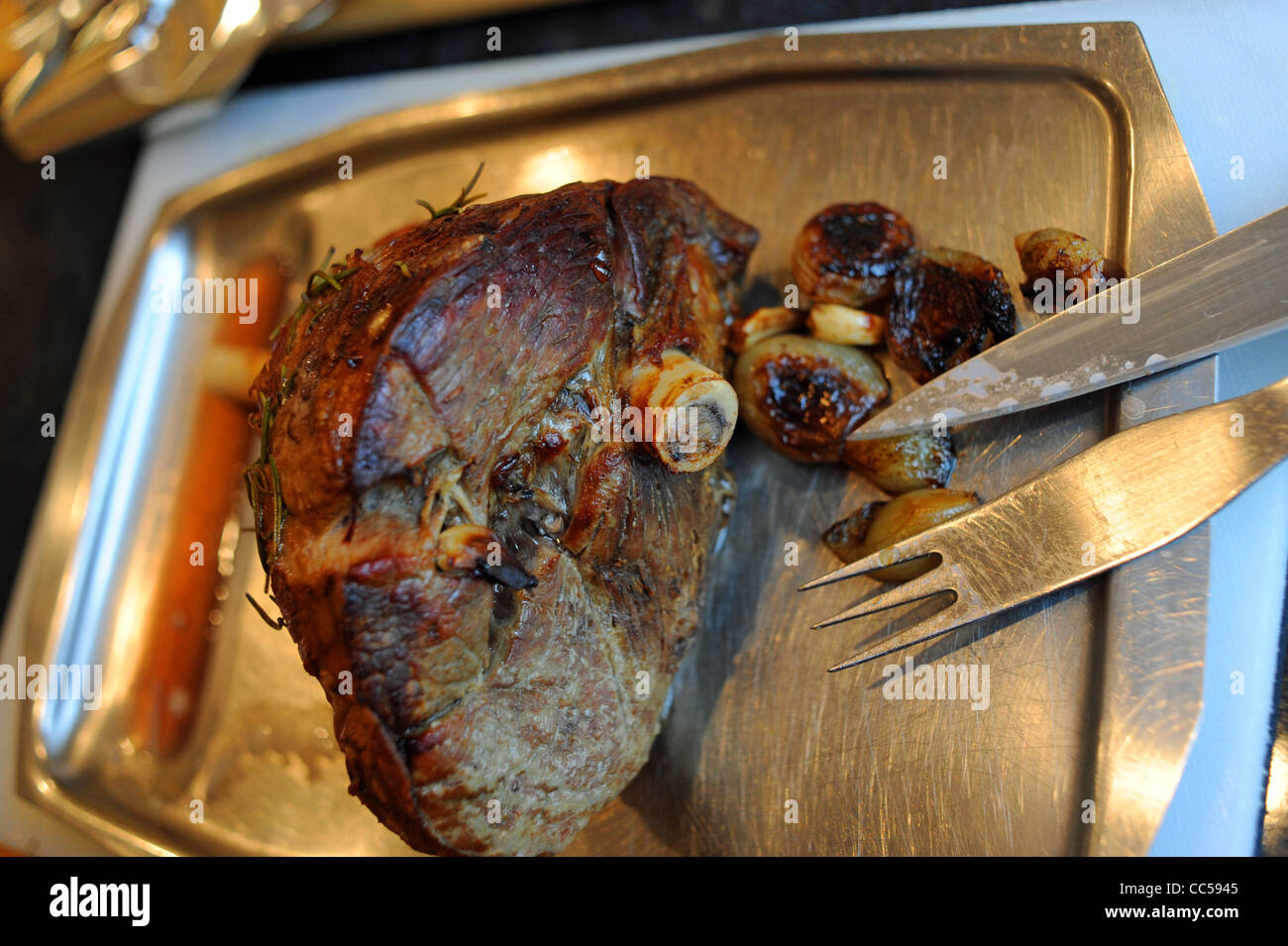 Roast leg of lamb ready to carve for traditional British Sunday lunch UK Stock Photo Alamy