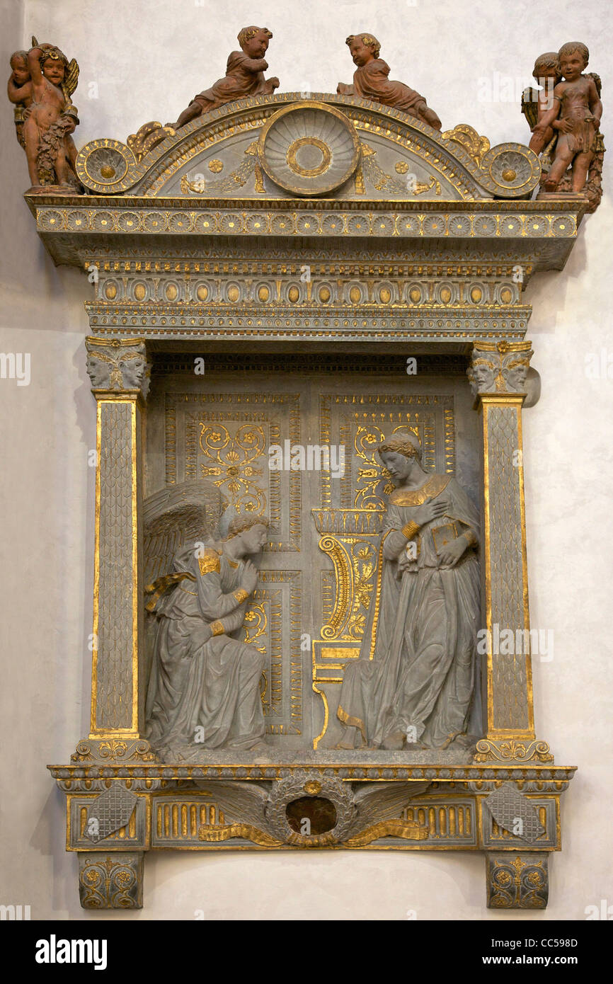 Annunciation Cavalcanti Sculpture, by Donatello, in pietra serena stone, circa 1435, Basilica of Santa Croce, Florence, Tuscany, Stock Photo