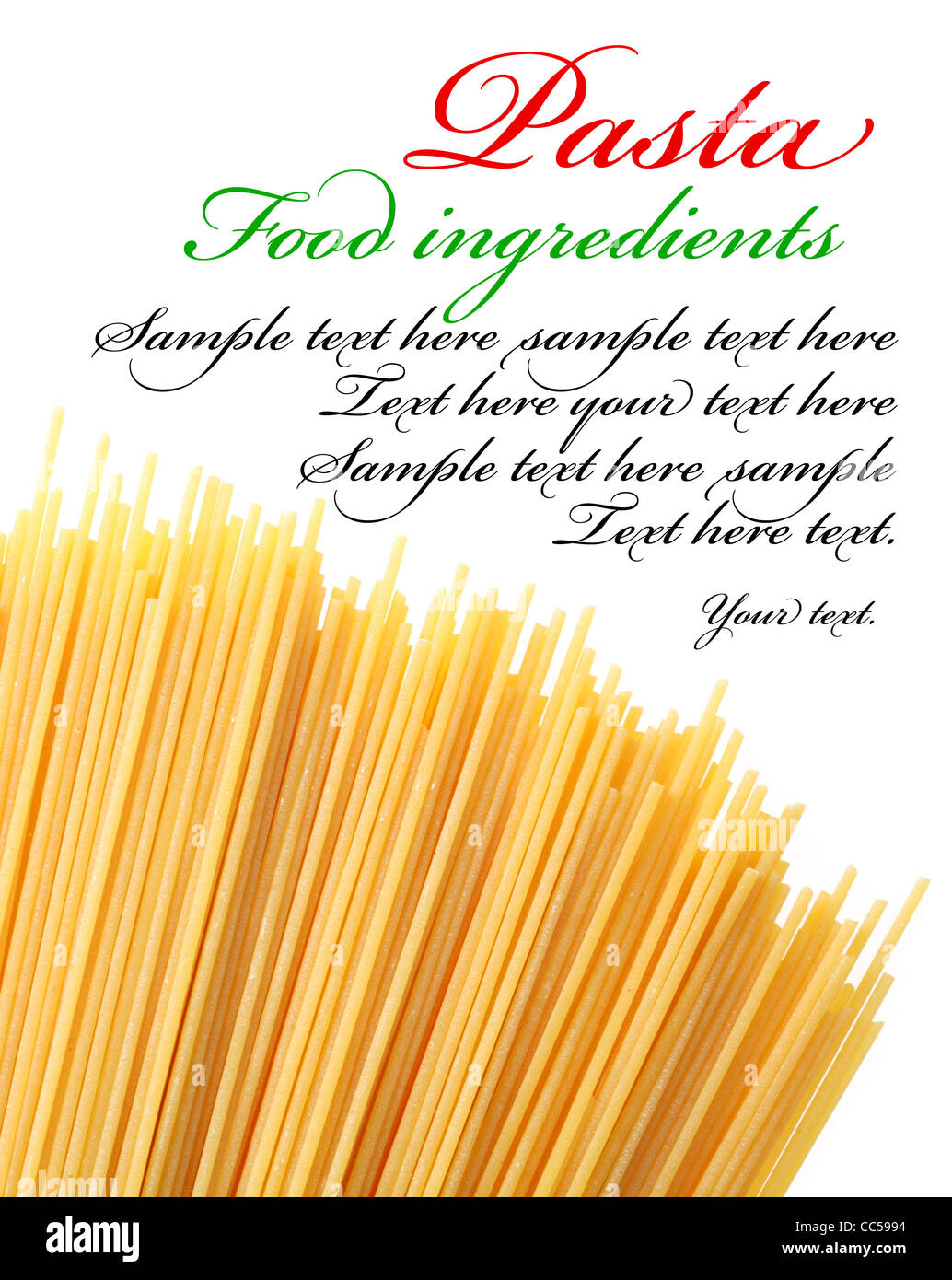 Italian pasta on a white background. The place for text on the right coner. Stock Photo