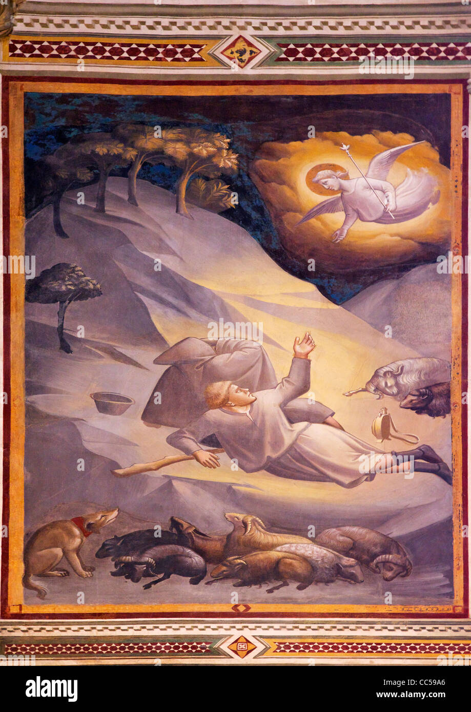 Fresco of angels summoning the shepherds near Bethlehem, by Taddeo Gaddi, Baroncelli Chapel, Basilica of Santa Croce, Florence, Stock Photo
