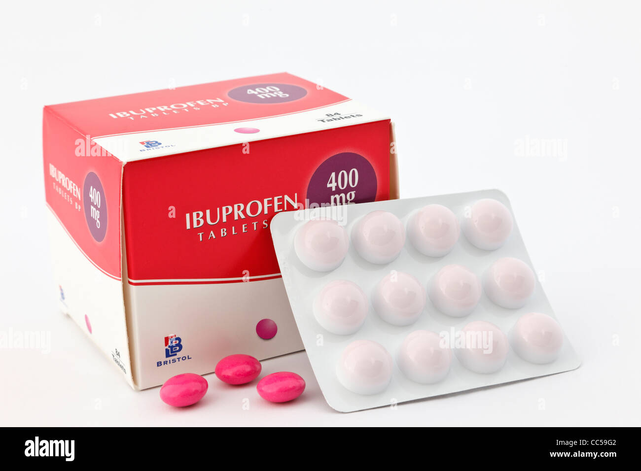Box and blister pack of 400mg high strength Ibuprofen strong painkilling tablets for pain relief on a white background Stock Photo