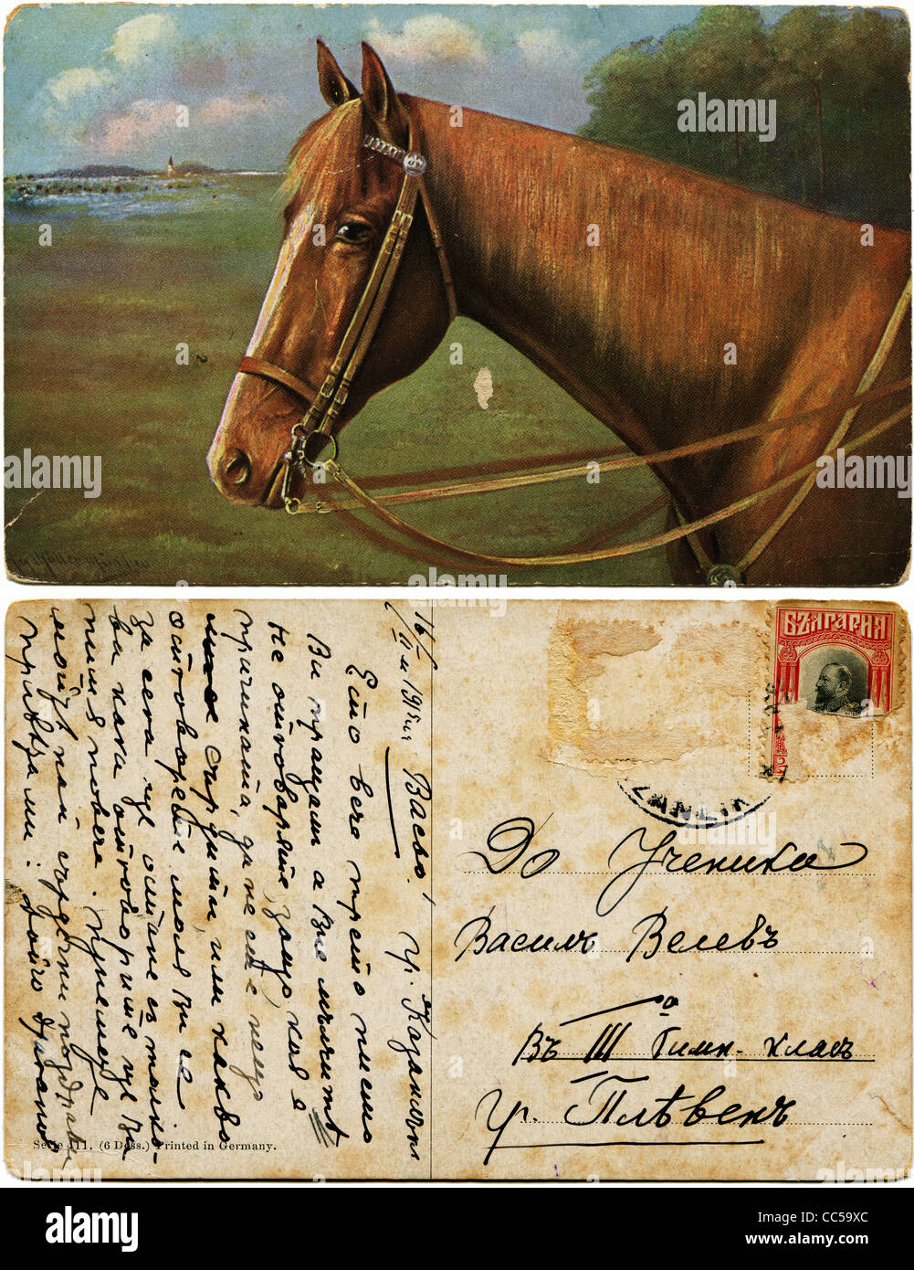GERMANY - CIRCA 1915: Reproduction of antique postcard shows Horse and handwright greeting text in Bulgarian, circa 1915 Stock Photo