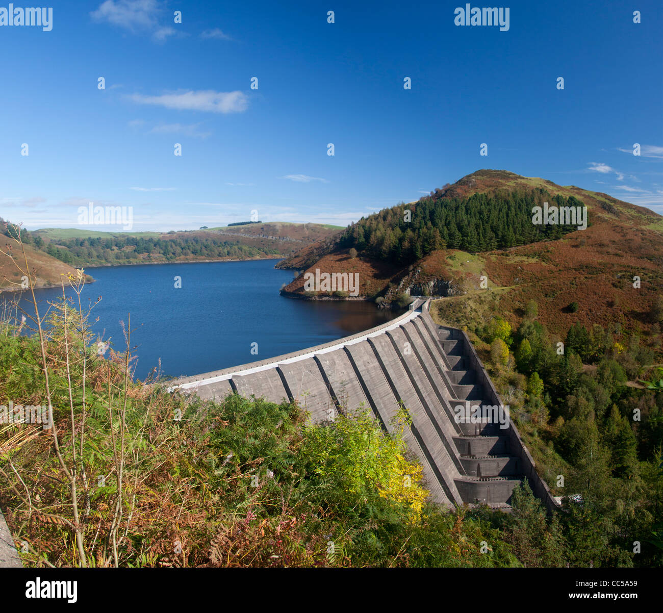 Llyn Clywedog Dam and Reservoir in early autumn Cambrian Mountains Near