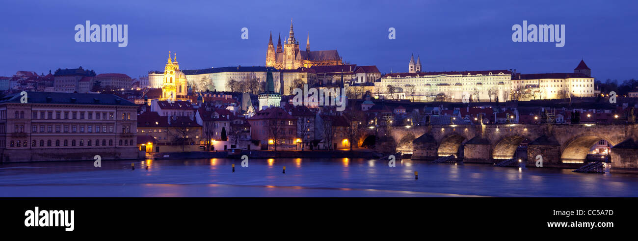 Prague Castle District, St Vitus' Cathedral, Lesser Town, Charles Bridge and River Vltava at night Prague Czech Republic Europe Stock Photo