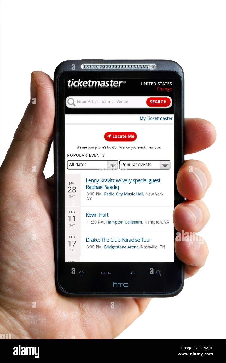 Browsing the Ticketmaster US site on an HTC smartphone Stock Photo