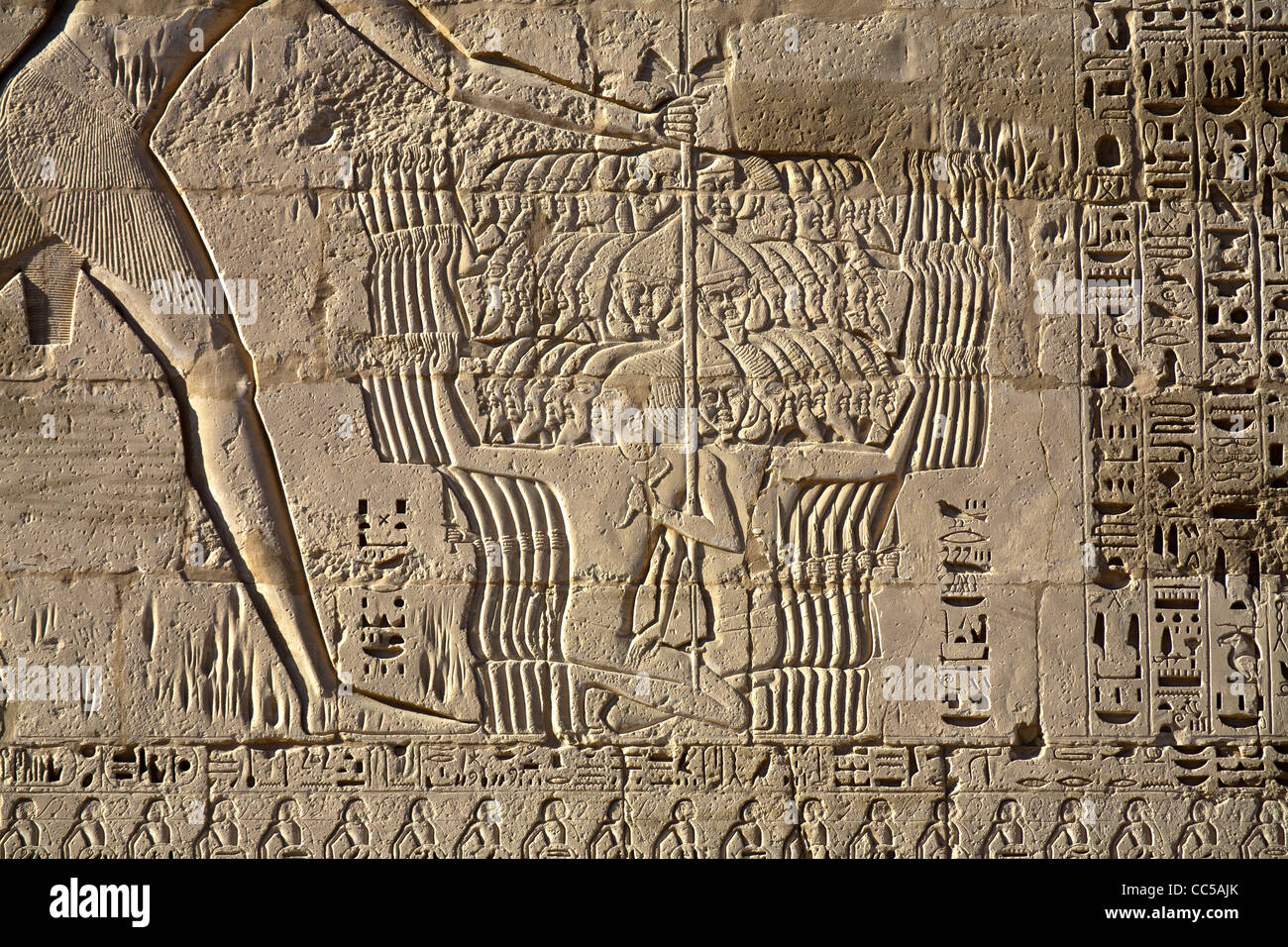 View of reliefs in the  Mortuary Temple of Pharaoh Ramesses III, Medinet Habu, West Bank, Luxor, Egypt Stock Photo