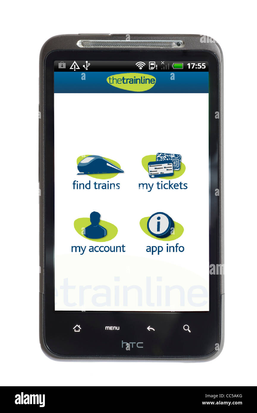 Booking train tickets on thetrainline.com app on an HTC smartphone Stock Photo