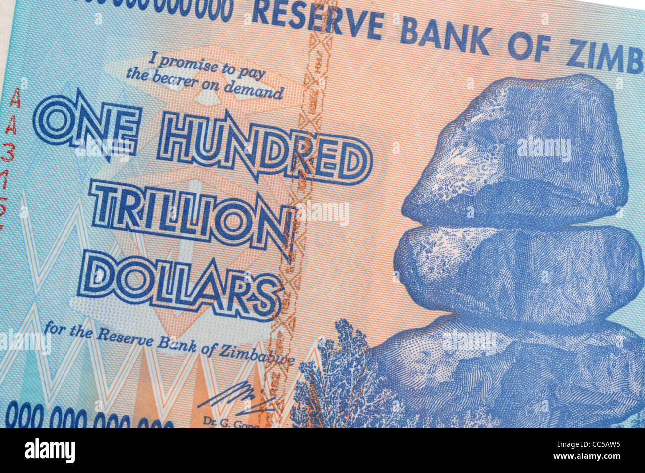 One Hundred Trillion Dollar Bank Note, One Hundred Trillion Dollar Zimbabwe Bank Note Stock Photo