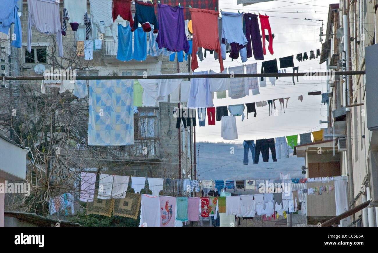 Washing put out to dry, Stepanakert, Nagorno Karabakh, Armenia, Nov 2011 Stock Photo