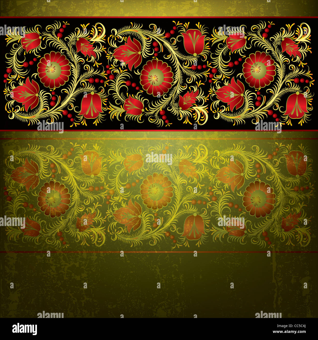 Spring Patterned Background Gold abstract grunge gold background with spring floral ornament on black ...