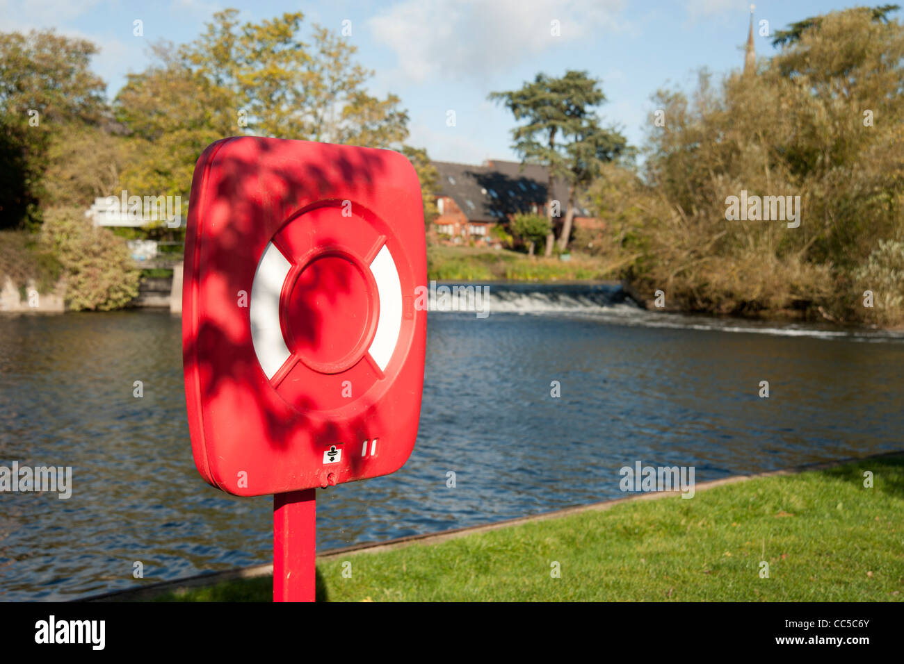 Rescue ring holder beside the river Avon, StratforduponAvon, Warwickshire, England, UK Stock