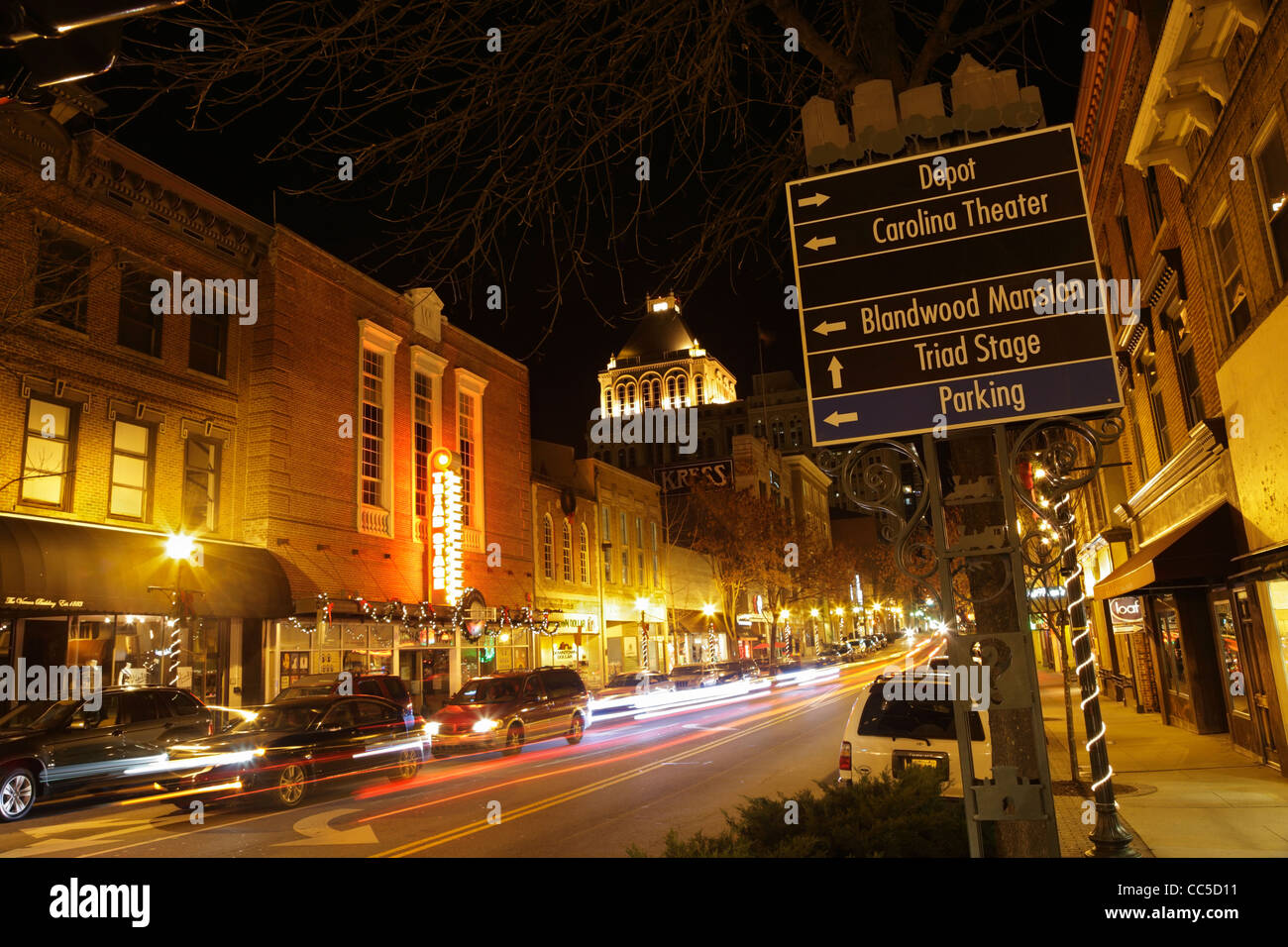 Elm Street at night, Greensboro, North Carolina, USA Stock Photo Alamy