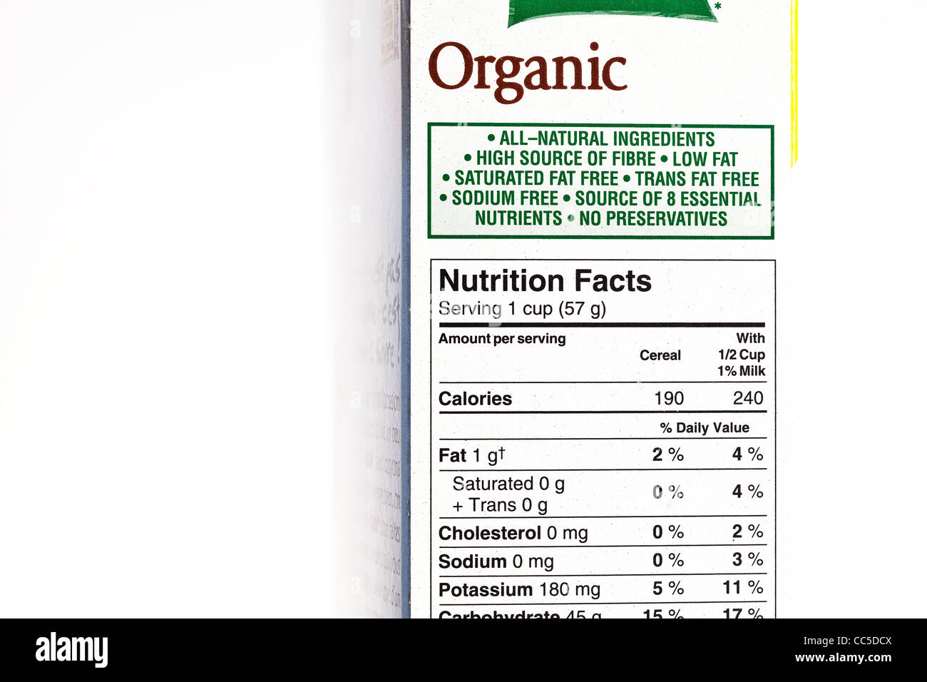 Organic cereal box, nutrition label, close up Stock Photo