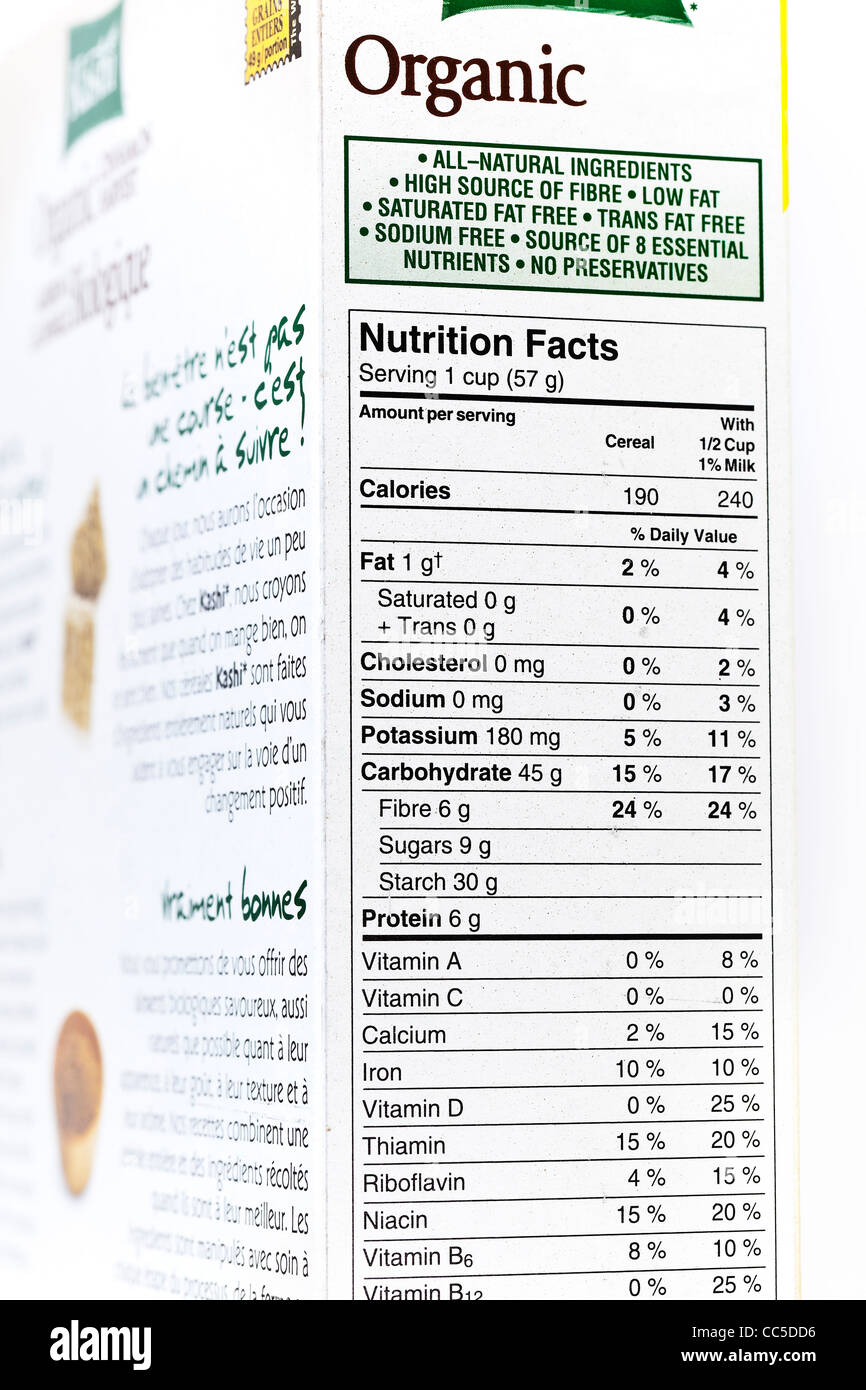 Organic cereal box, nutrition label, close up Stock Photo