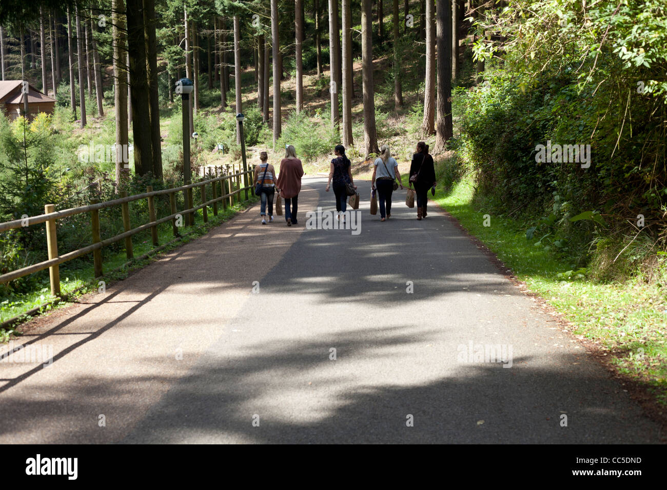 A family walking through the Center Parcs resort in Longleat forest, Wiltshire, England Stock Photo