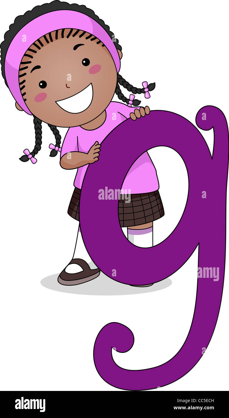 Illustration of a Kid Standing Behind a Letter G Stock Photo