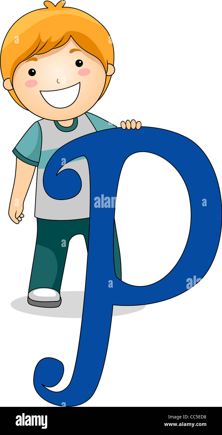 Illustration of a Kid Standing Behind a Letter P Stock Photo