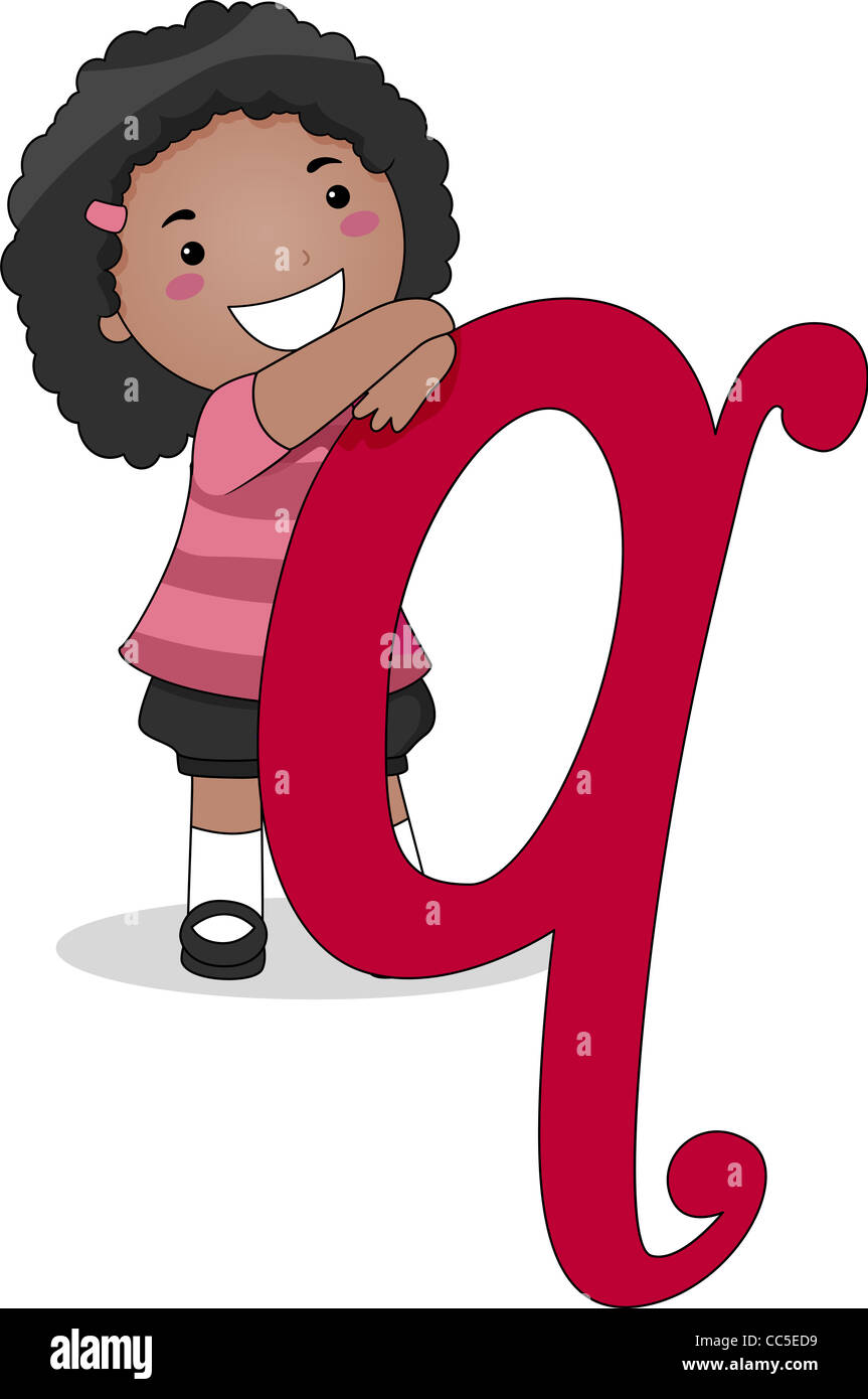 Illustration of a Kid Leaning on a Letter Q Stock Photo