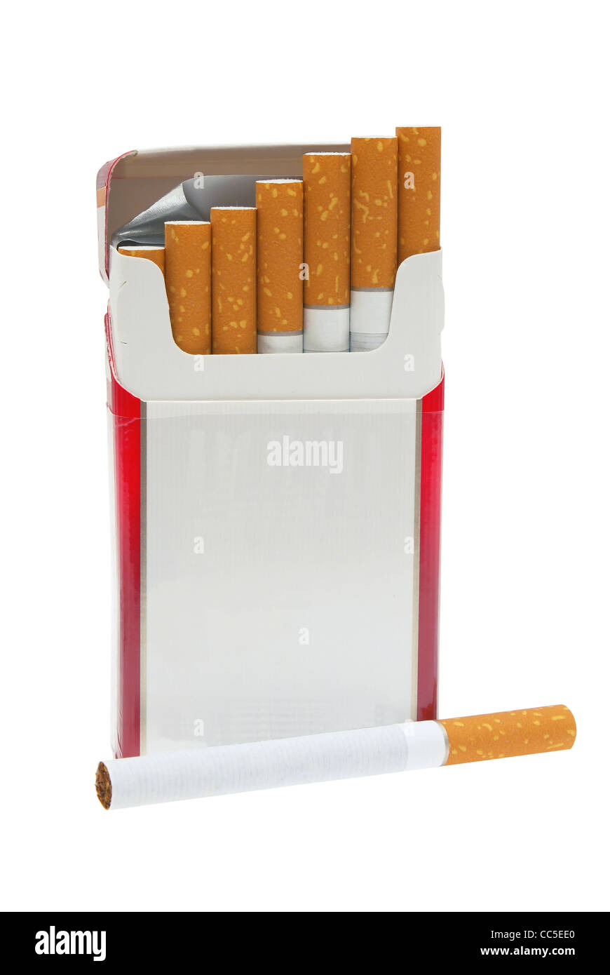 Open pack of cigarettes and a cigarette. Stock Photo
