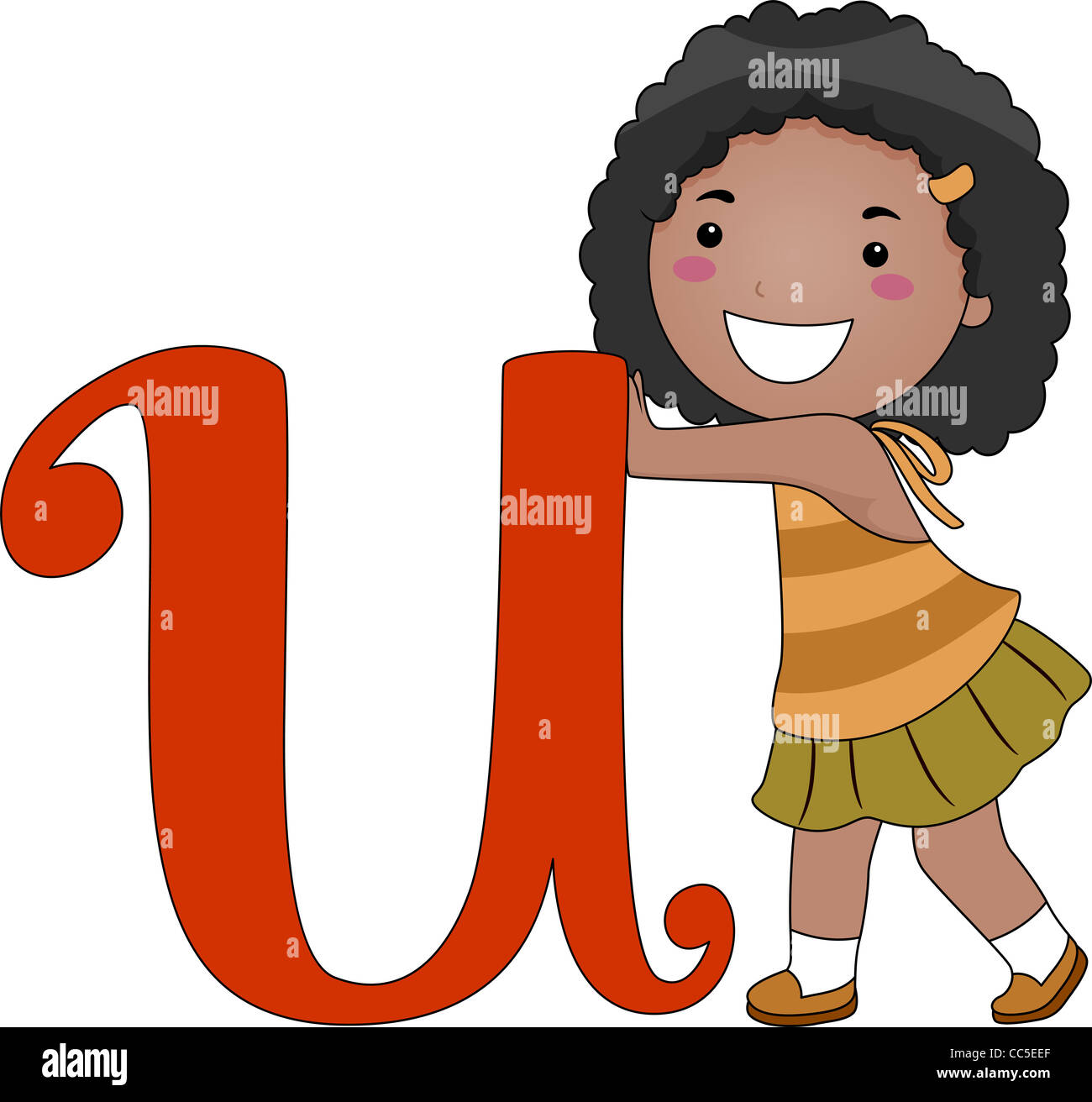 Illustration of a Kid Pushing the Letter U Stock Photo