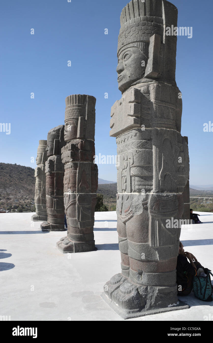 The Atlantes warriors statues of Quetzacoatl dressed in feathers and gods.Tula, Hidalgo. Mexico. Stock Photo