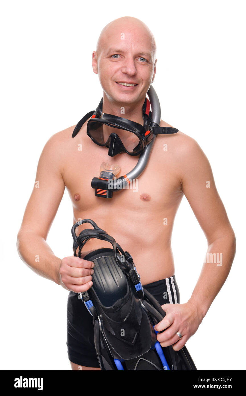Full isolated studio portrait from a young man with diving outfit Stock