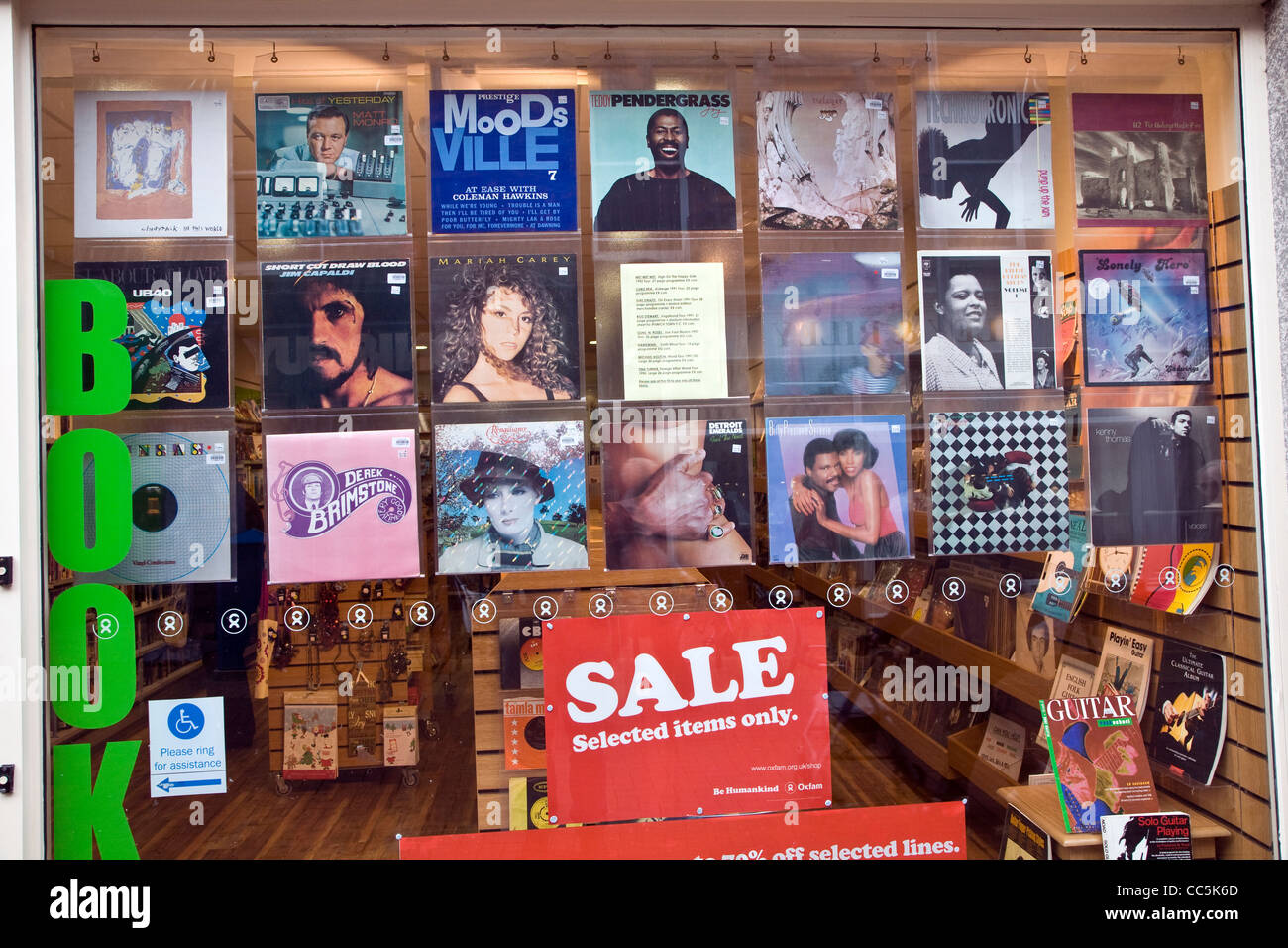 Vinyl LP music records Oxfam shop window display Stock Photo Alamy