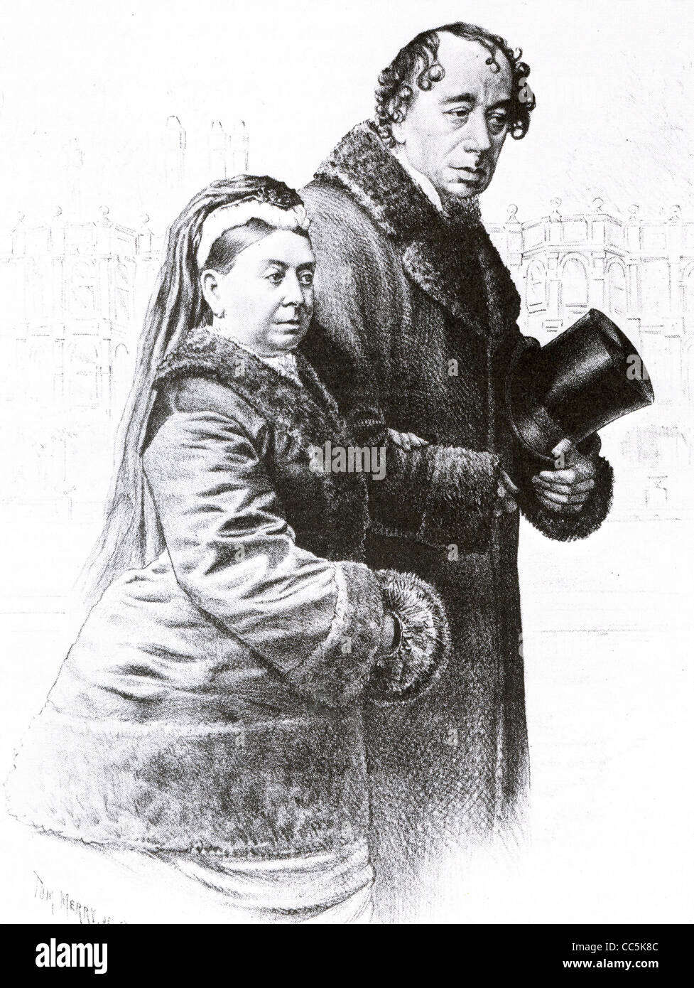 BENJAMIN DISRAELI with Queen Victoria in a contemporary engraving Stock