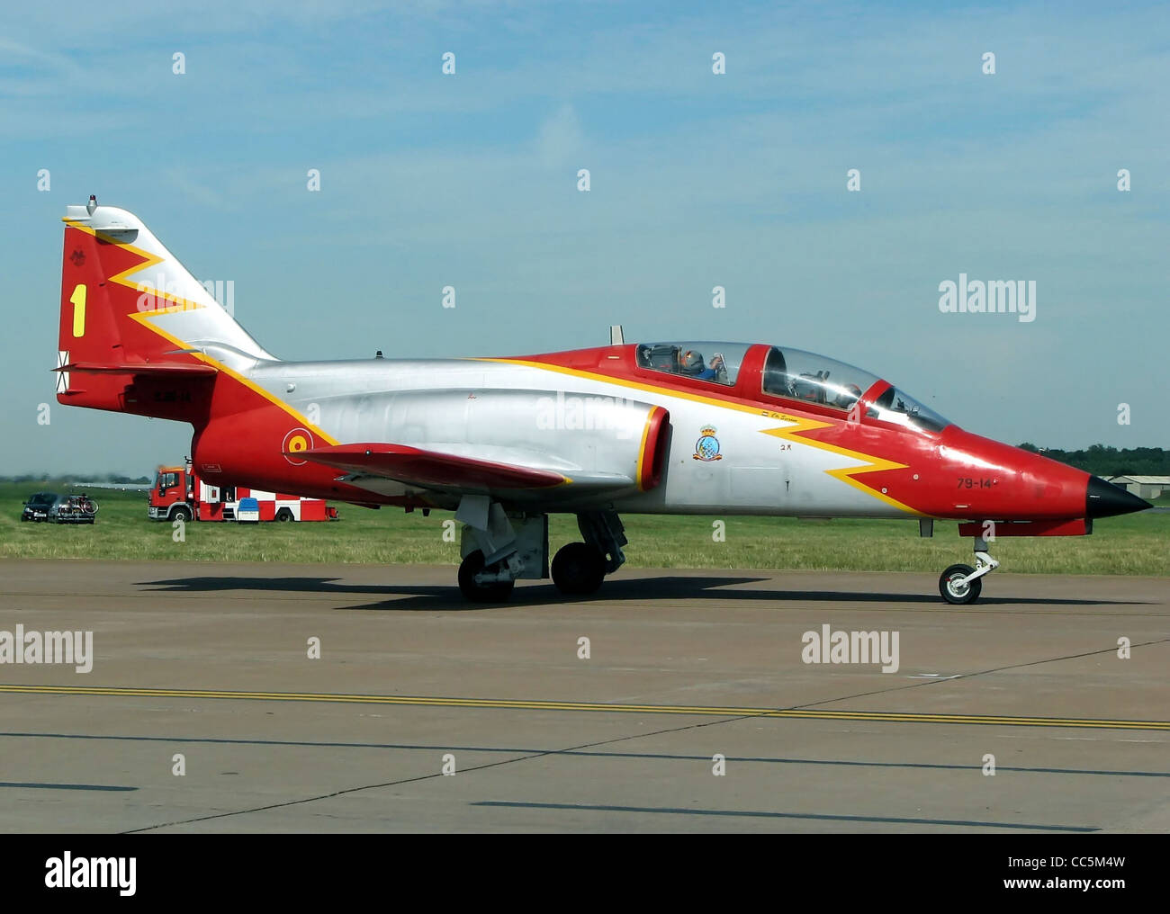 Casa C-101 Aviojet trainer of the Spanish display team Patrulla Aguila, taxiing for takeoff at the Royal International Air Tatto Stock Photo