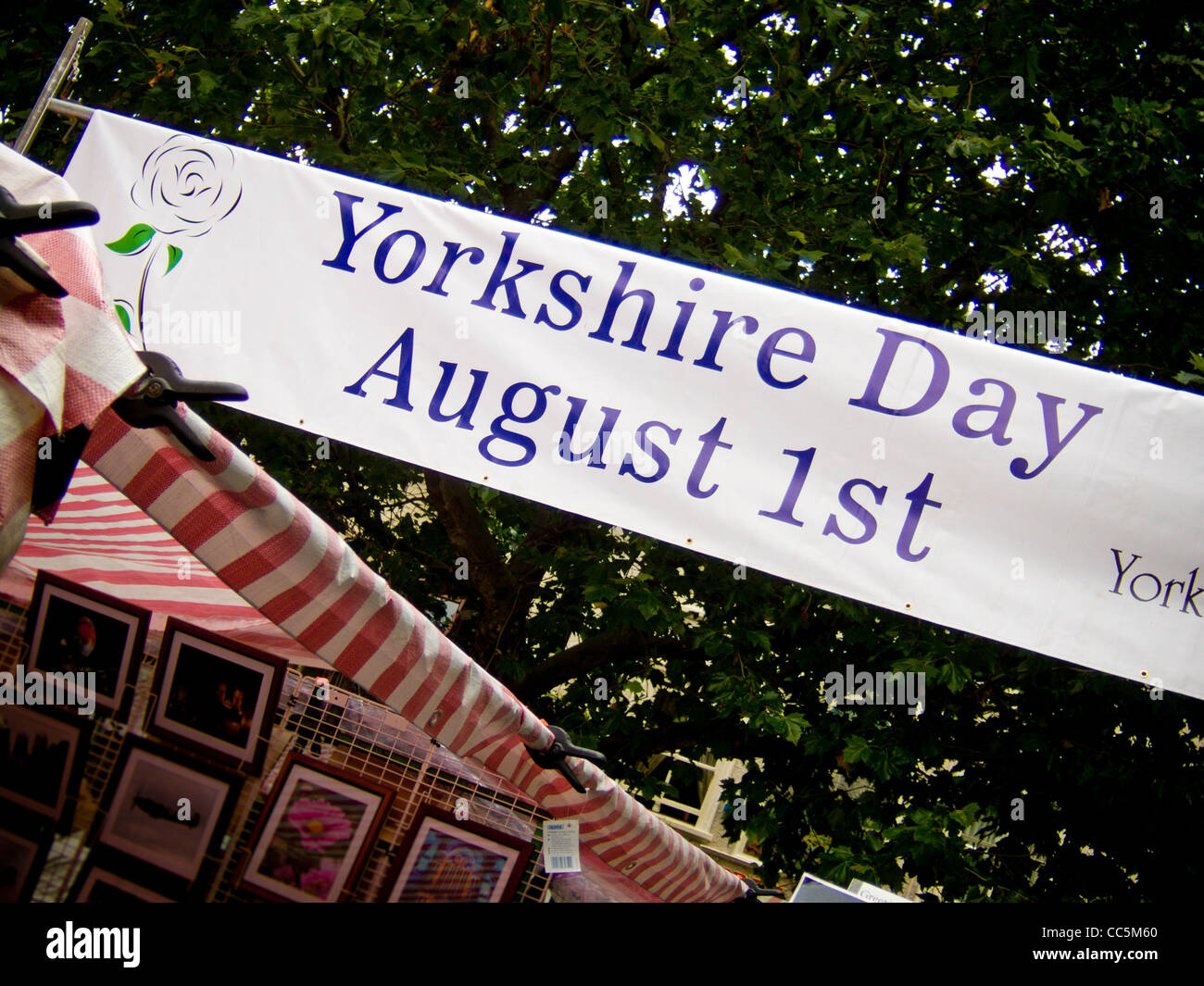 Overhead street banner advertising Yorkshire day on the 1st of August, in the city of York. Stock Photo