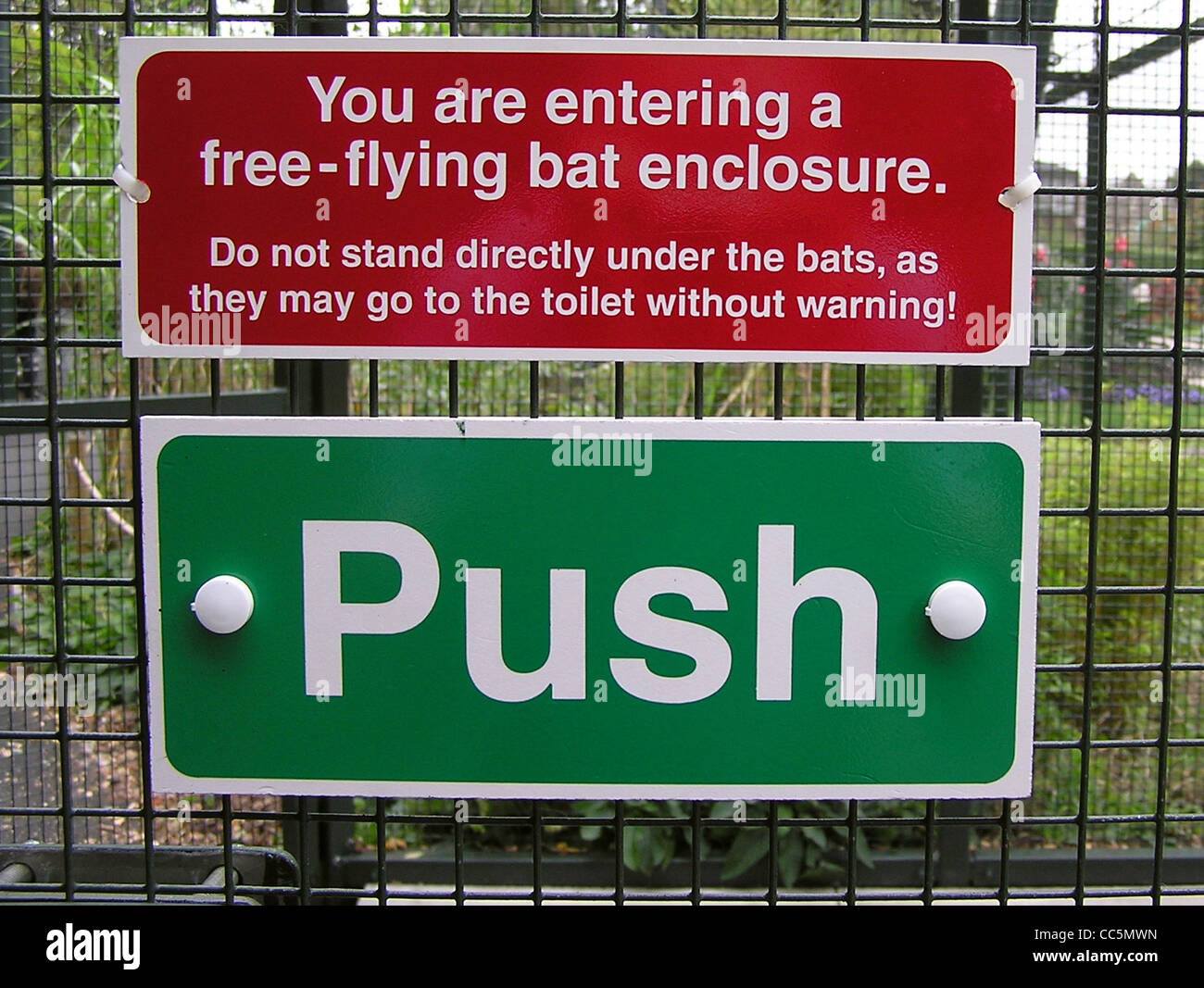 A humorous notice in the Bat Enclosure, Bristol Zoo, Bristol, England. Stock Photo