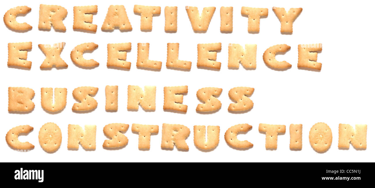 The words: creativity, excellence, business, construction made of cookies Stock Photo