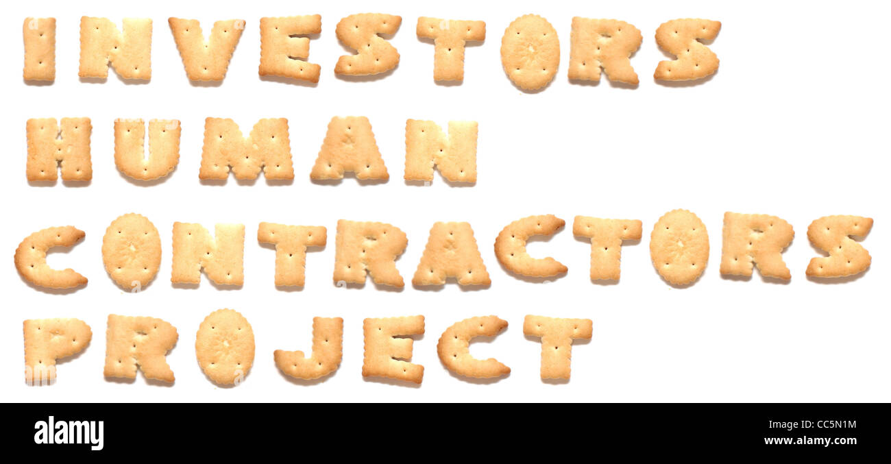The words: investors, human, contractors, project made of cookies Stock Photo