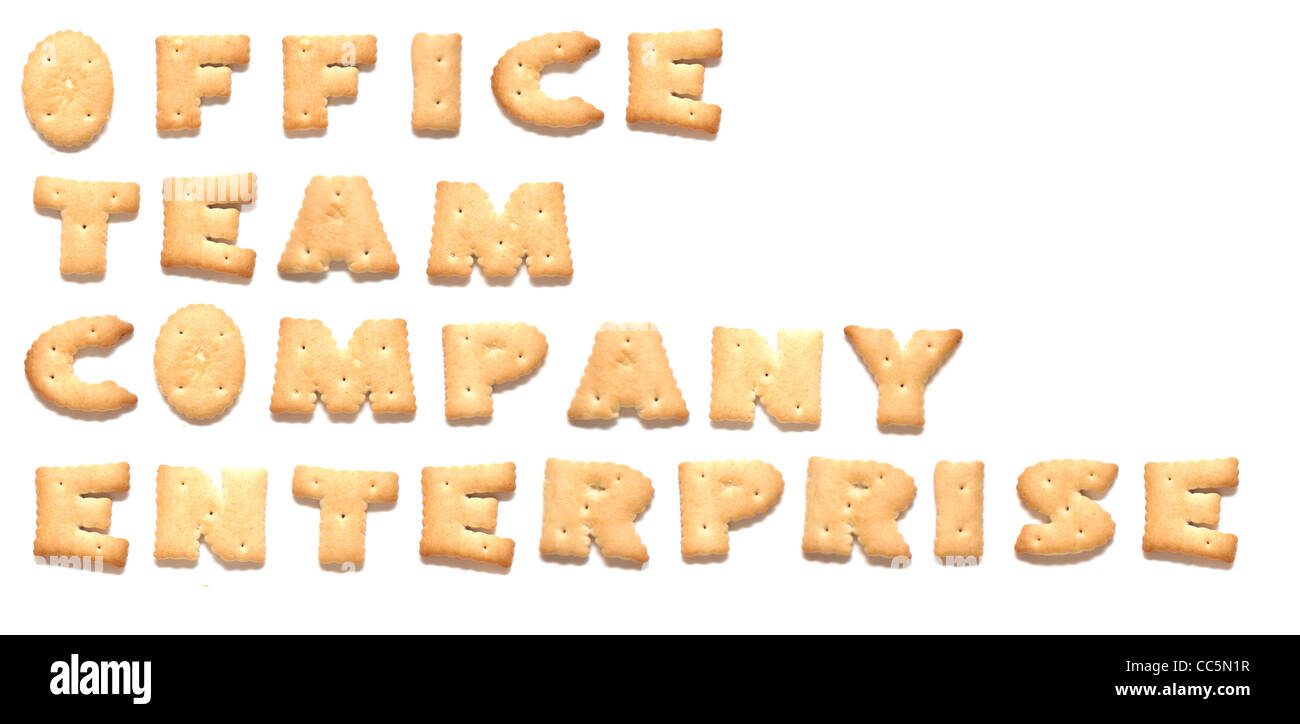 The words: office, team, company, enterprise made of cookies Stock Photo