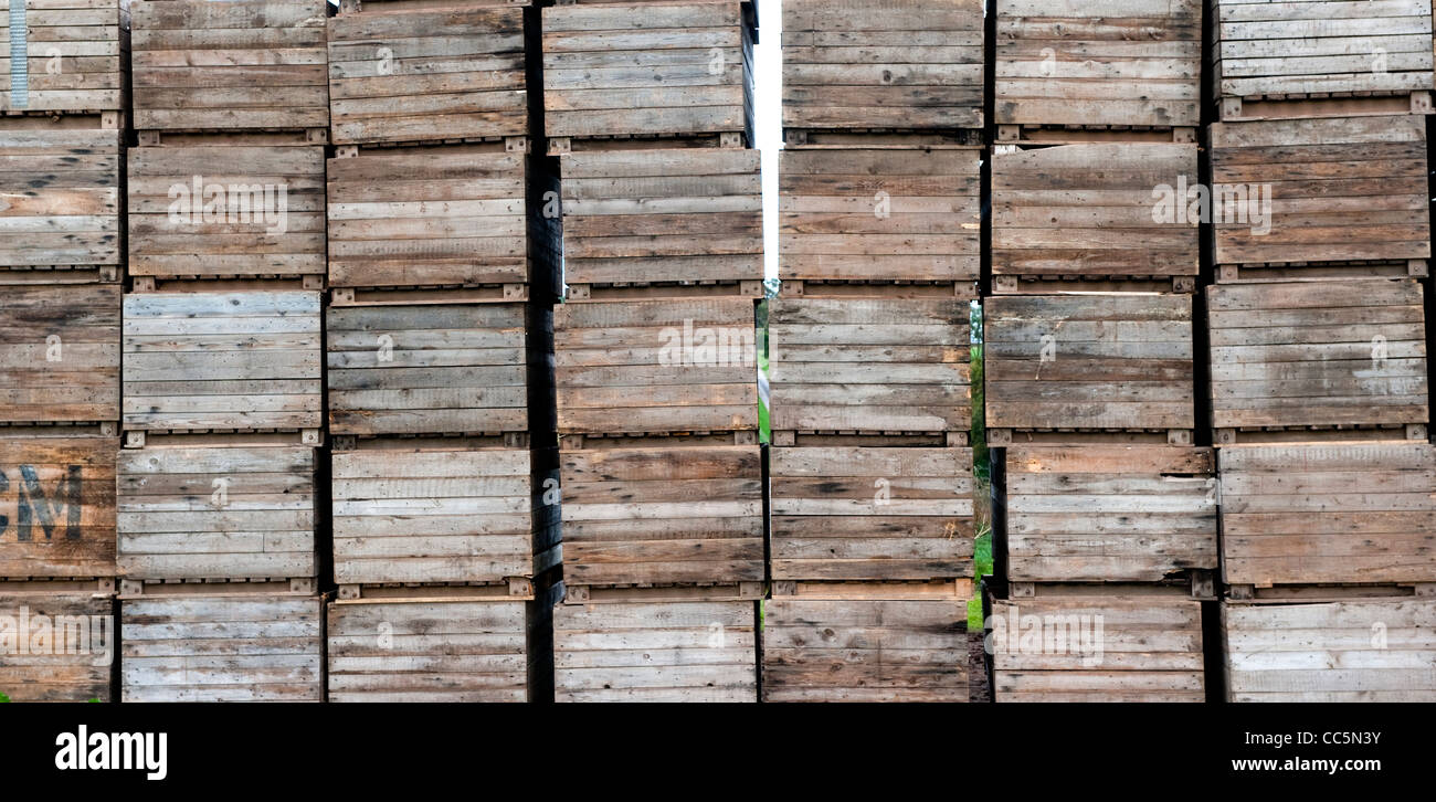 Stack of wooden potato storage boxes. Stock Photo